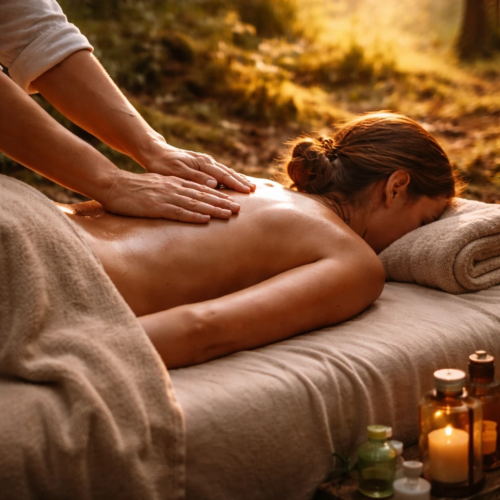 Massage relaxant en fôret ensoleilée